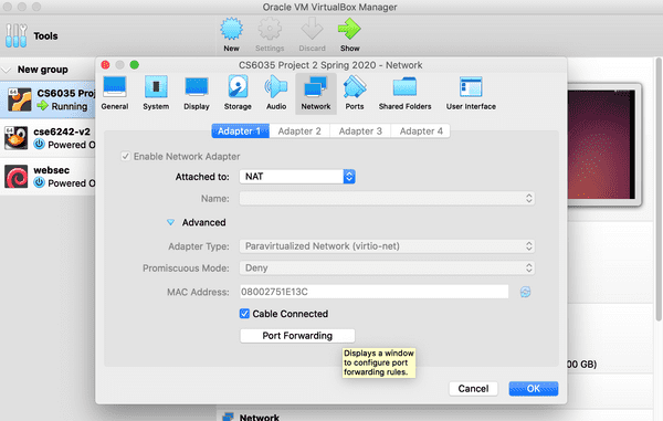 Settings window for port forwarding